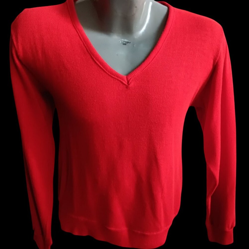 Vintage 1970s V-neck Red Sweater Mens Small Creslan Rayon Pullover Daddy Winter